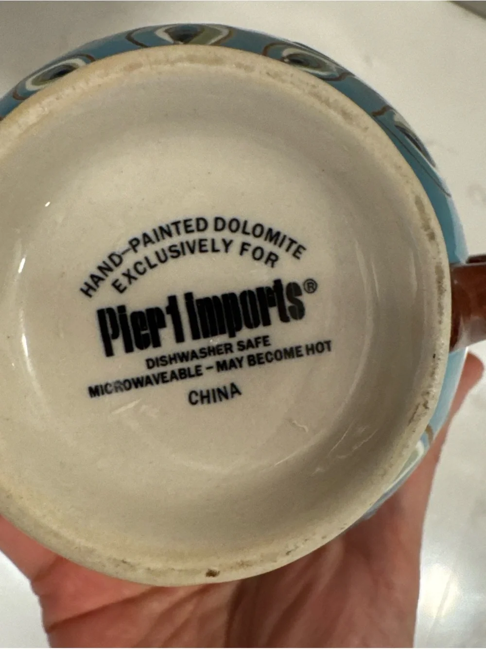 Pier 1 Turquoise Peacock Feather Ceramic Tea Cup with Brown Handle hand painted
